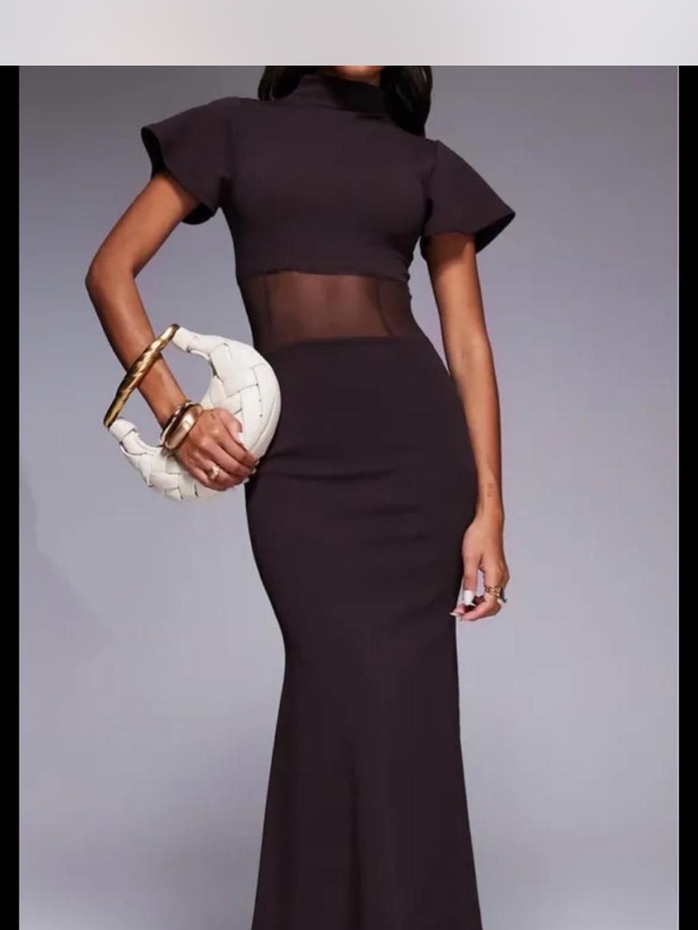 Elegant Brown Maxi Dress with Sheer Waist Panel